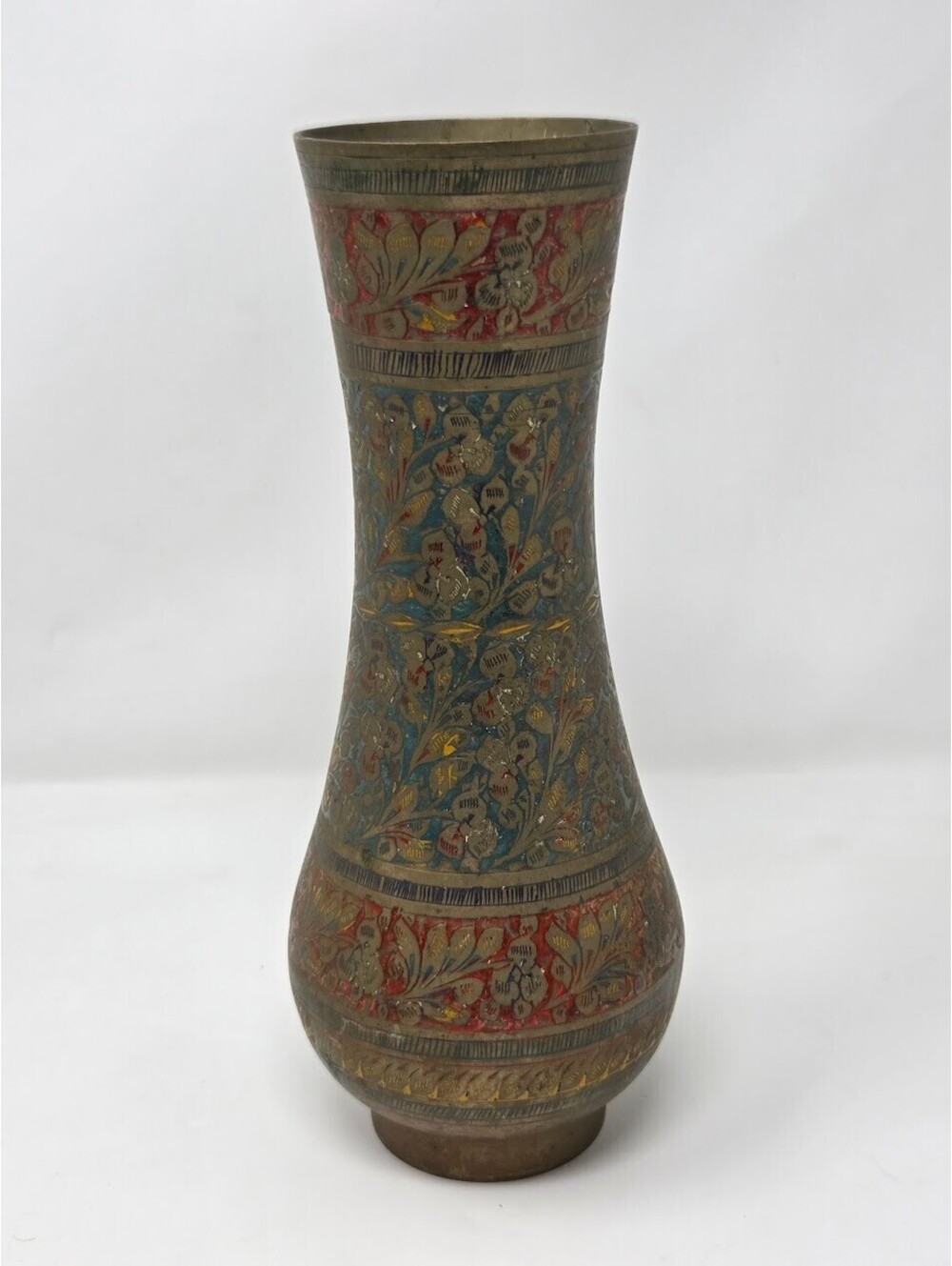 Vintage Brass Vase Floral Etched Multicolor Enamel 10 Inch Footed Decor